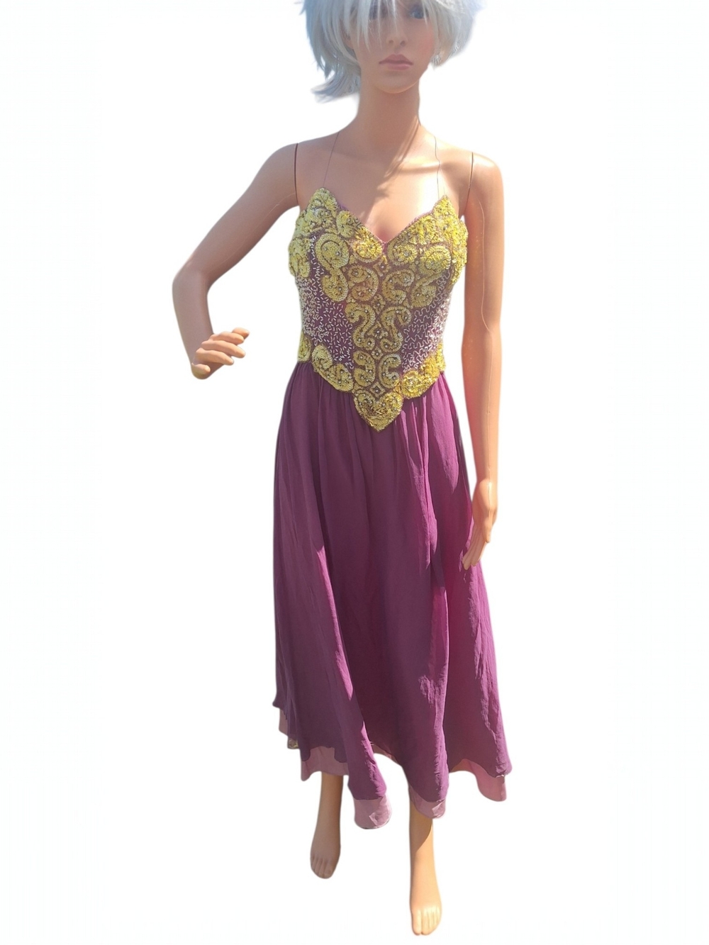 Party Time 100% Silk Beaded Gown Purple Gold Y2K Fairycore Prom Dress 10 vtg